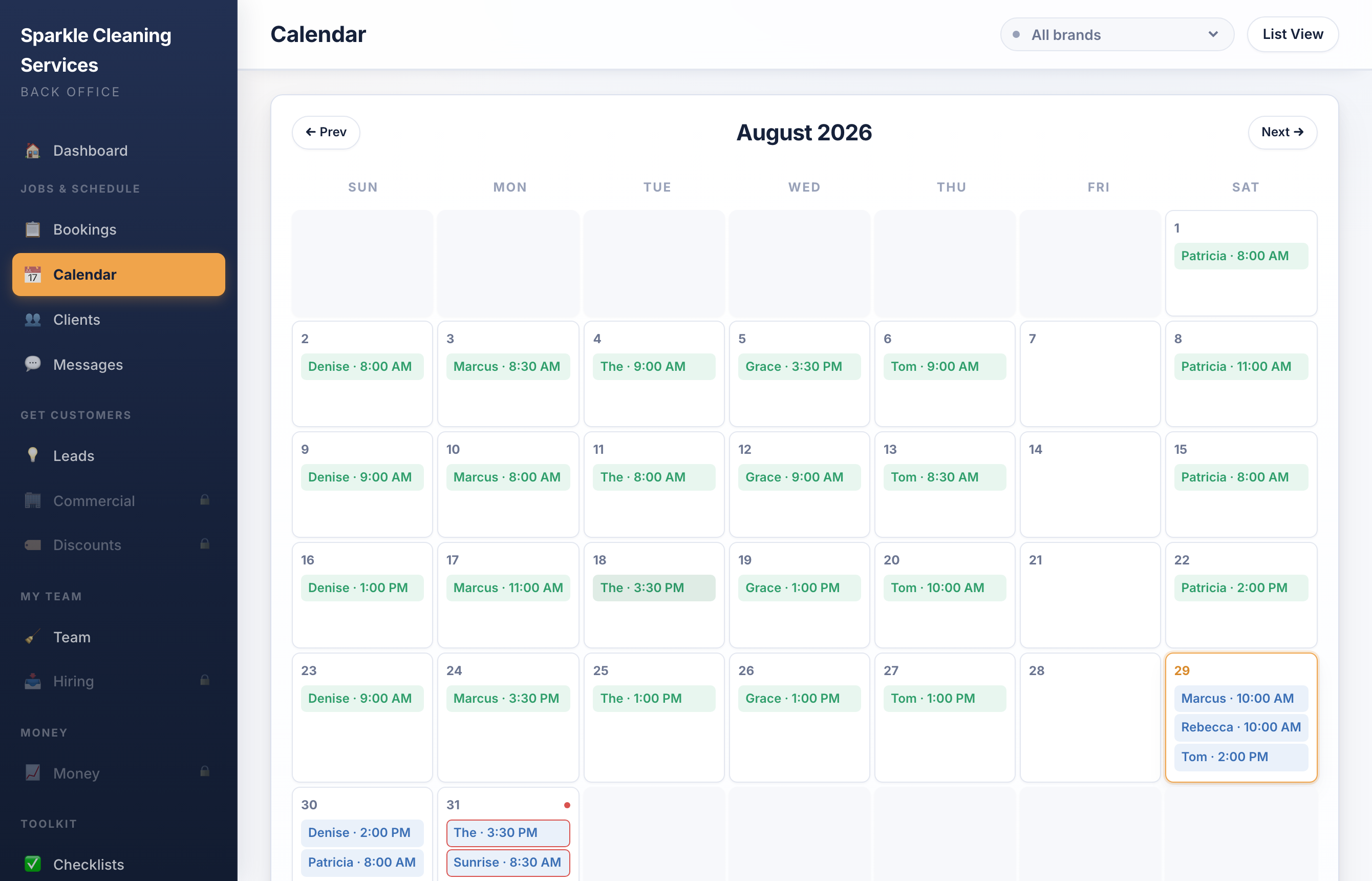 The month calendar, with a red mark on any day that has a job nobody is assigned to