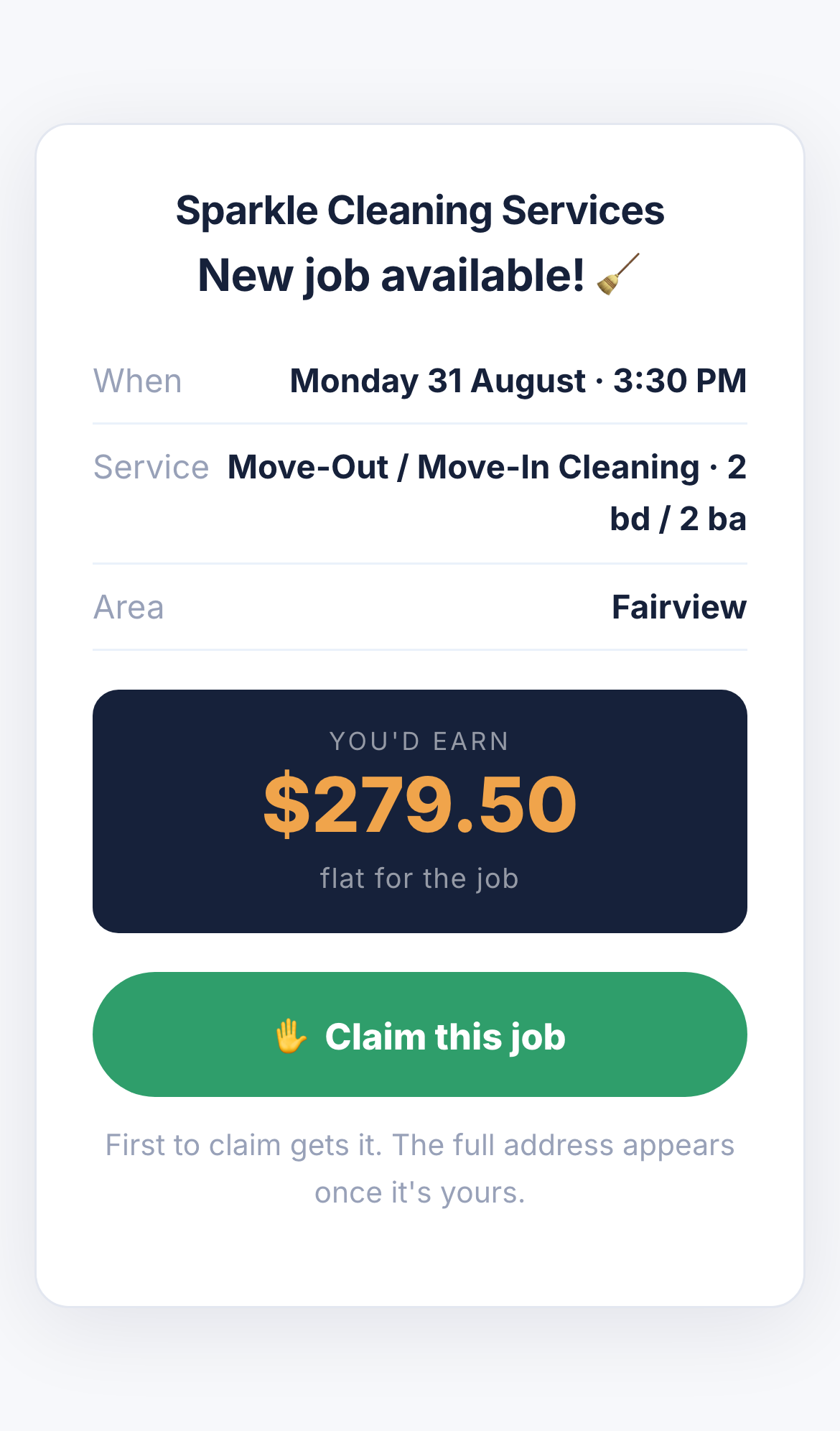 A job offered to the team on a cleaner's phone, showing what it pays and a Claim this job button
