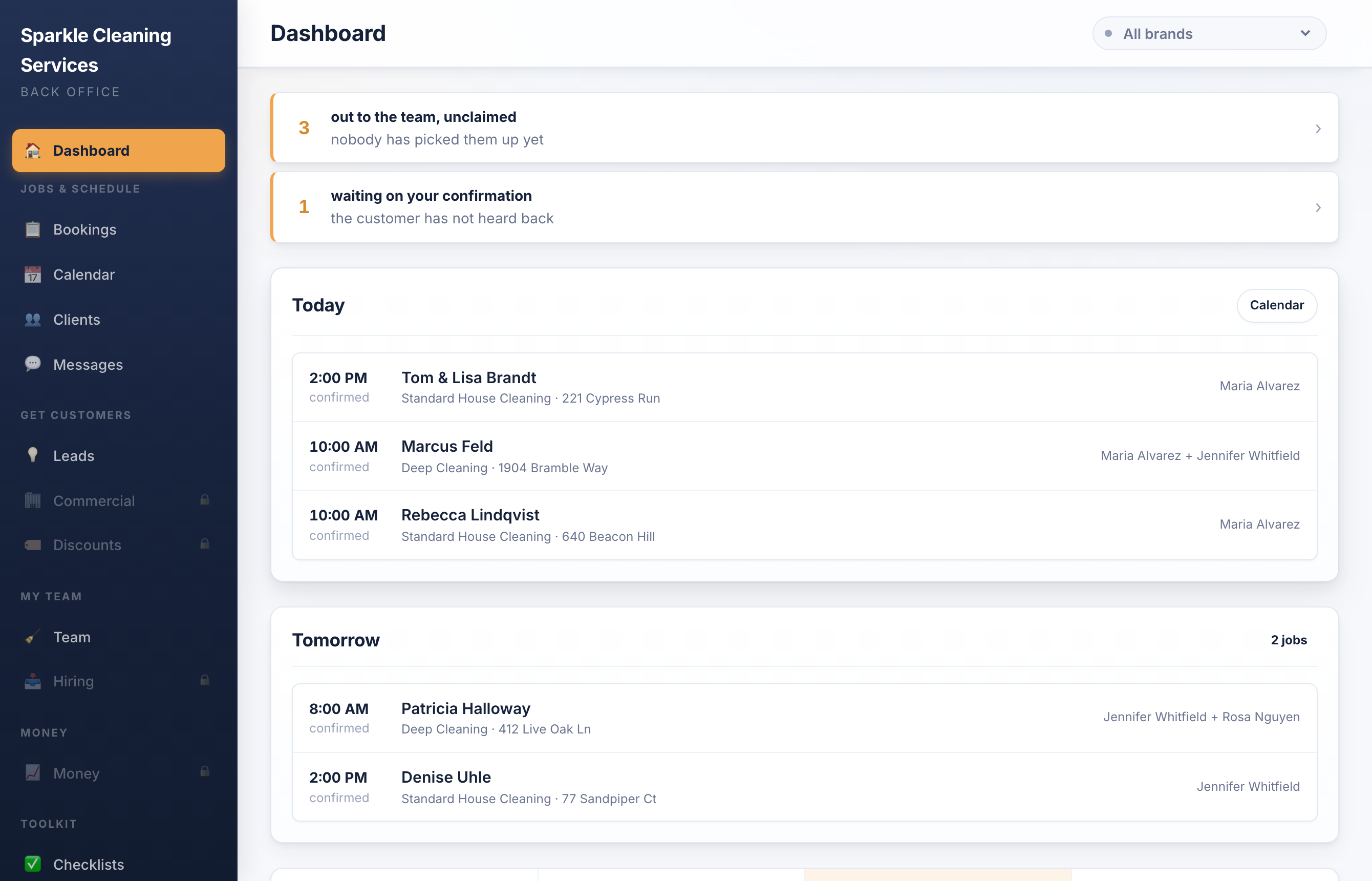 The Akye dashboard, showing which jobs tomorrow have nobody assigned to them