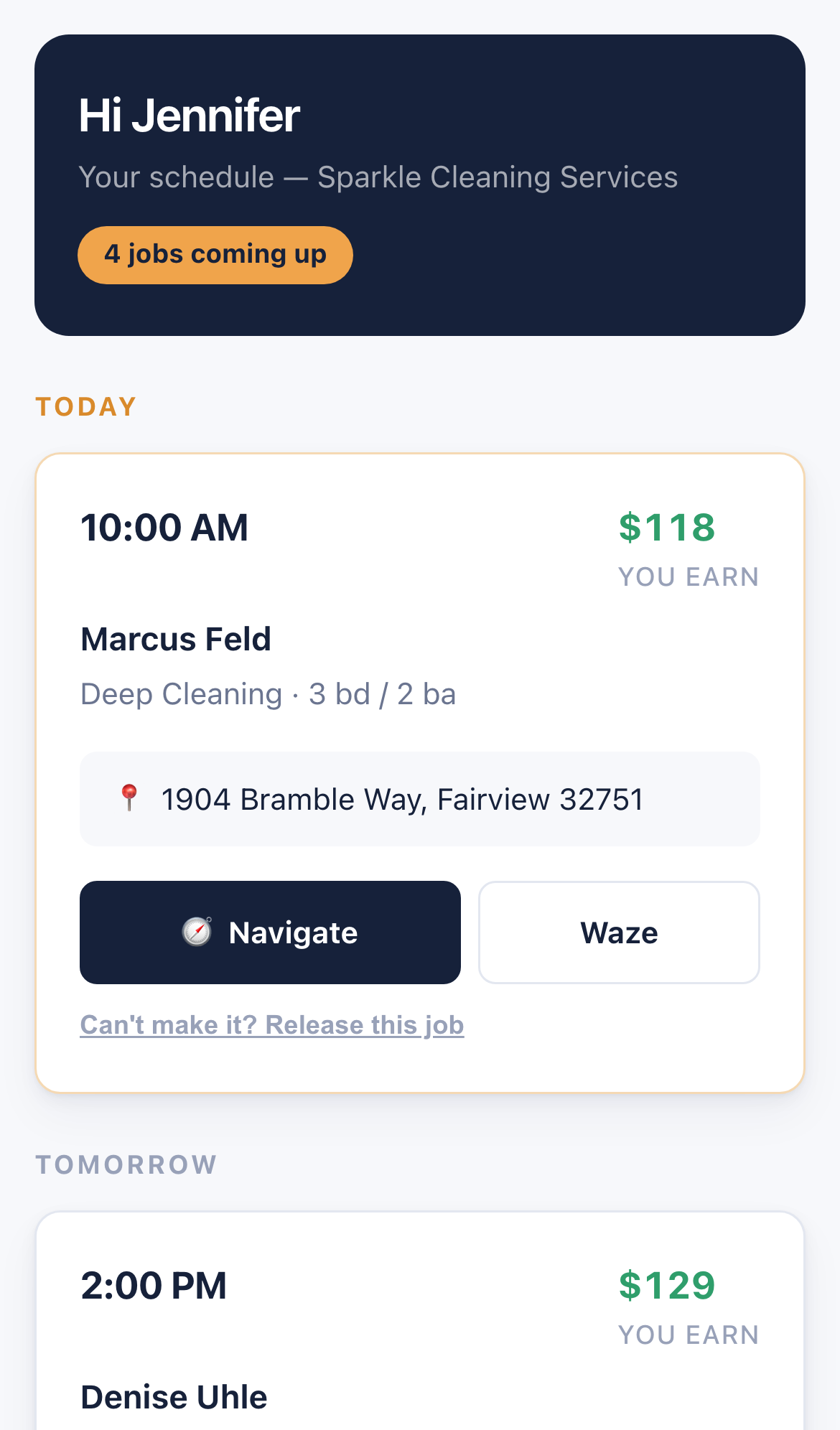 A cleaner's job on her phone, with the address, what she earns and a Navigate button